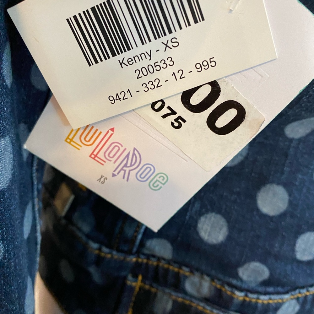 LulaRoe Kenny Denim Jacket Polka Dot, Hearts, Dark/Light Blue, Size Extra Small - Picture 9 of 13